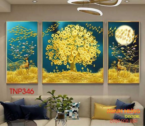Tranh đôi nai và cây kim tiền TNP346