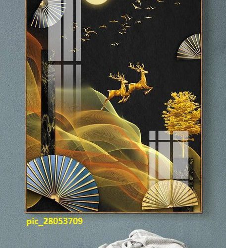 Tranh 3D hình quạt và hươu vàng pic_28053709