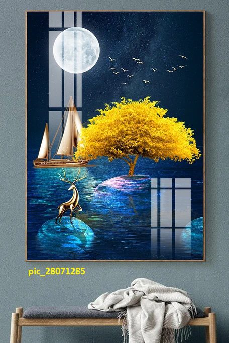 Tranh tráng gương thuyền vàng và nai pic_28071285