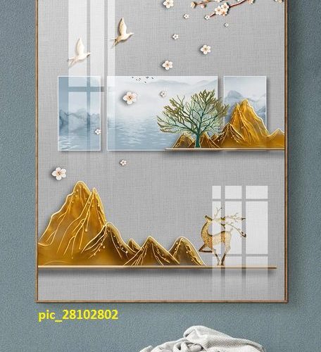 Tranh 3D núi vàng và cành hoa đào pic_28102802