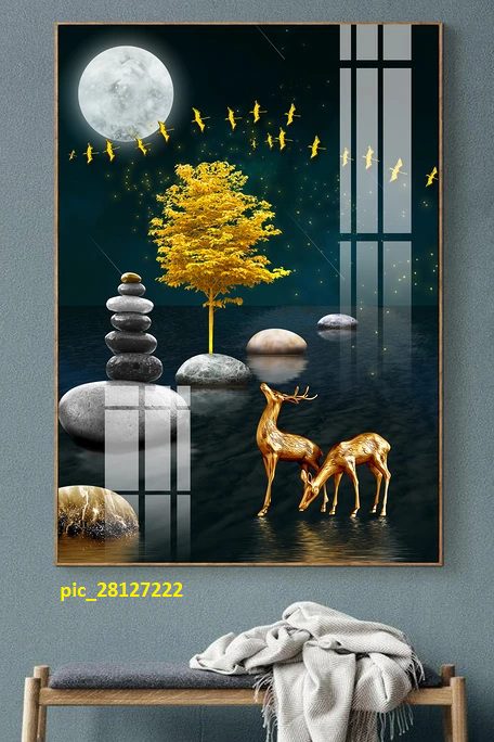 Tranh treo tường nai vàng dưới trăng pic_28127222