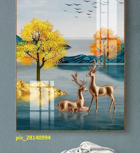 Tranh treo tường nai vàng và sông núi pic_28140994