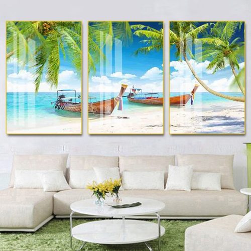 Tranh biển cây dừa và hai chiếc thuyền D14