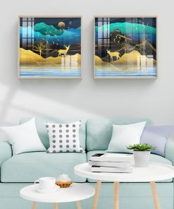 Tranh đôi hươu đứng trên núi vàng FT10423