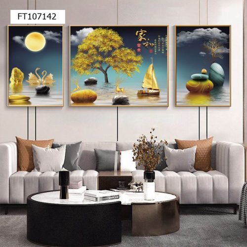 Tranh đôi thiên nga vàng và nai vàng FT107142