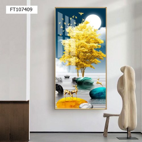 Tranh nai đứng trên đá cuội vàng FT107409