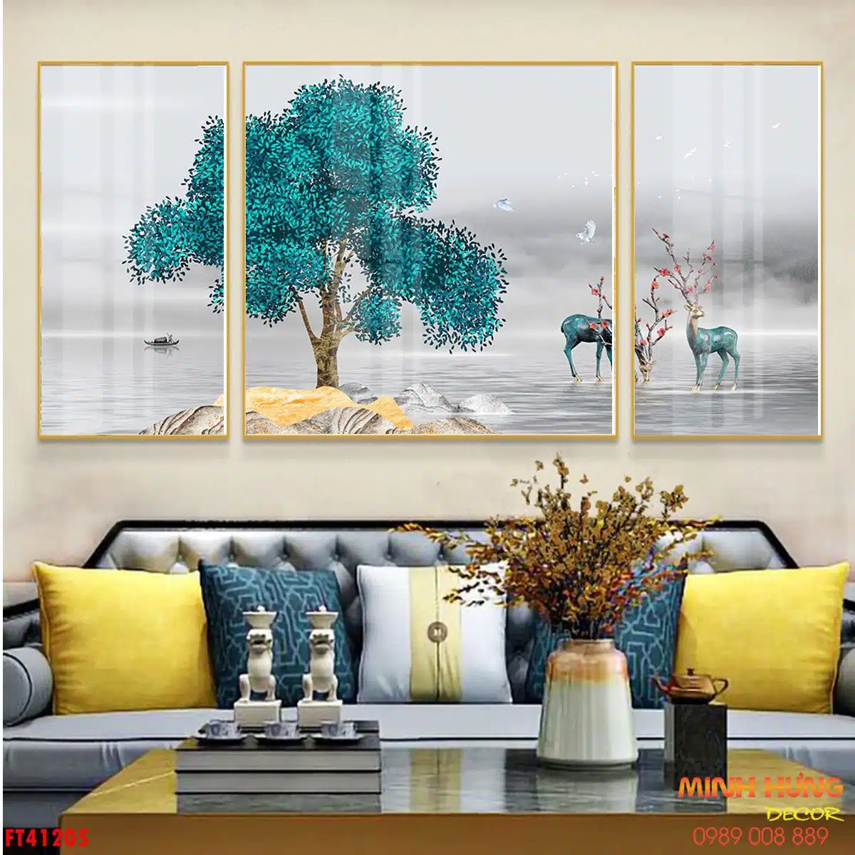 Tranh đôi ngựa xanh sừng hoa FT41205