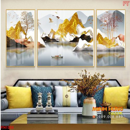 Tranh núi hồ và người lái đò FT41255