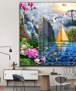 Tranh cảnh đẹp thuyền vàng và cửu ngư 10259