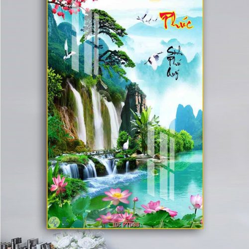 Tranh 3D sen và hạc trắng PTD38