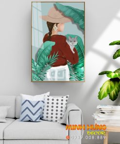 Tranh cô gái bế mèo FT10487