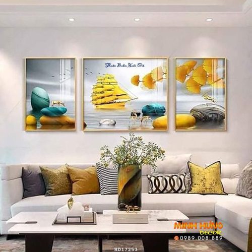 Tranh thuyền buồm và đàn hưu trên đá HD17253