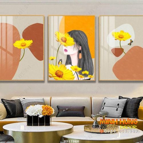 Tranh cô gái và hoa cúc vàng HD17966