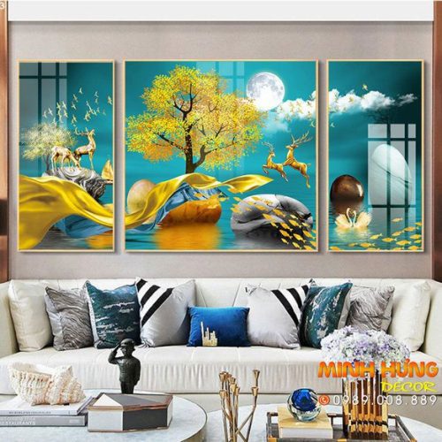 HD41313 Tranh đàn hưu và đôi thiên nga dưới trăng
