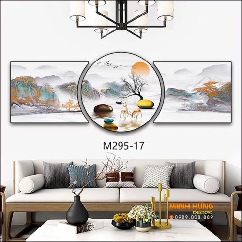 M29517 Tranh Cặp Hươu Và Cảnh Núi Rừng