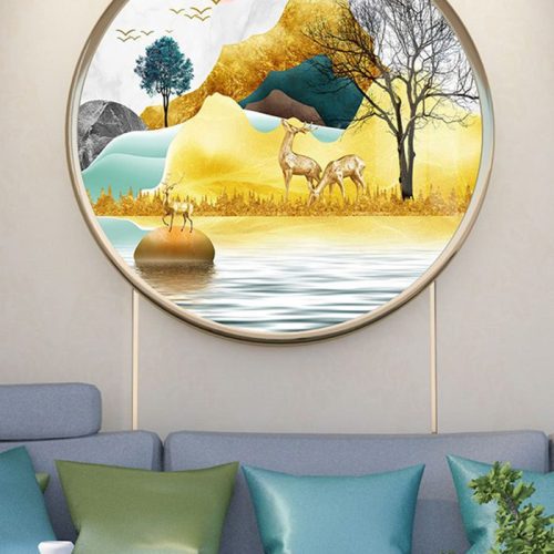 SNO 21167 Tranh tròn hươu và cảnh rừng núi