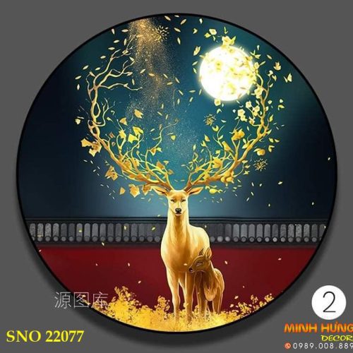 SNO 22077 Tranh tròn cặp hươu dưới ánh trăng
