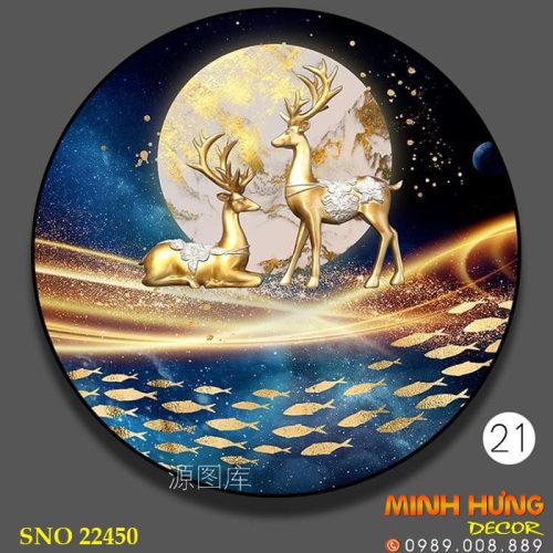 SNO 22450 Tranh tròn hươu vàng và đàn cá