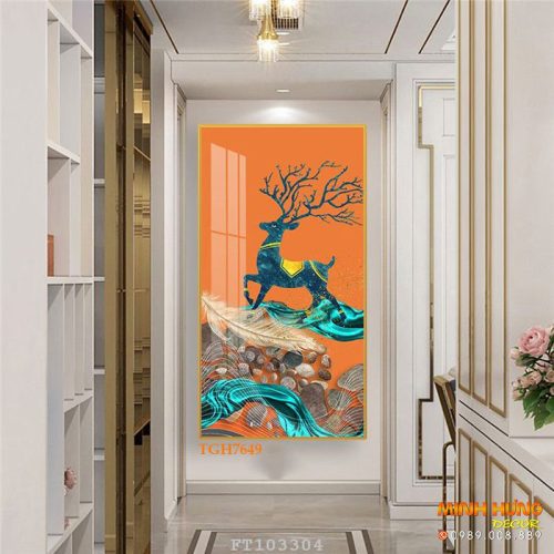 TGH7649 Tranh hươu xanh và vải lụa đẹp