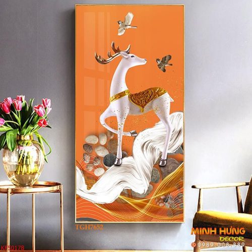 TGH7652 Tranh hươu trắng và cặp chim sẻ
