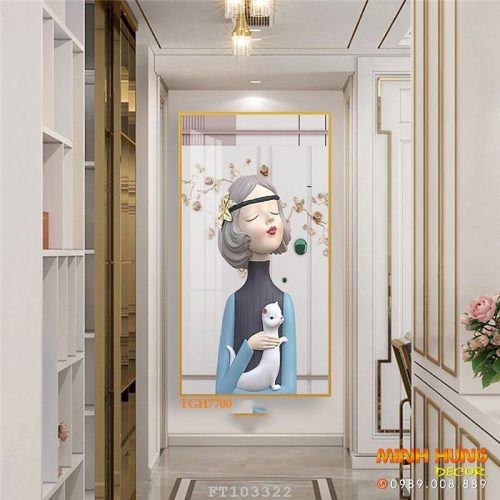 TGH7700 Tranh cô gái ôm mèo trắng đẹp