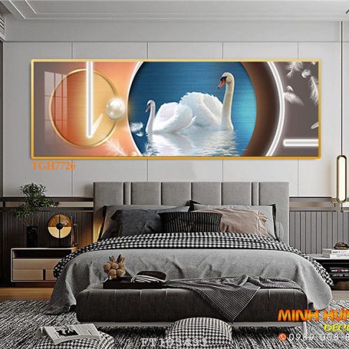 TGH7726 Tranh cặp thiên nga trắng bơi dưới nước
