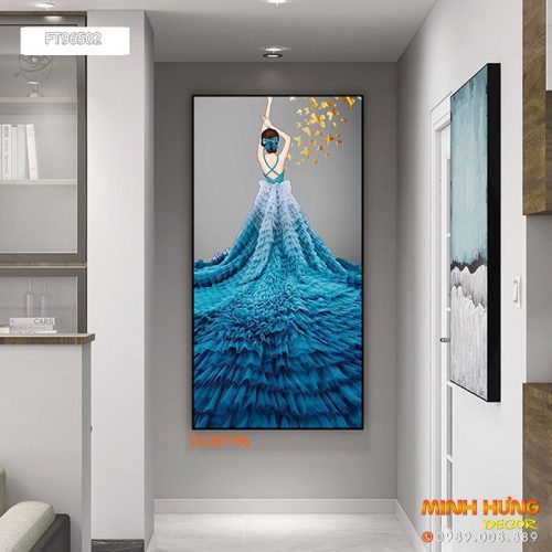 TGH7756 Tranh cô gái áo xanh và đàn bướm vàng