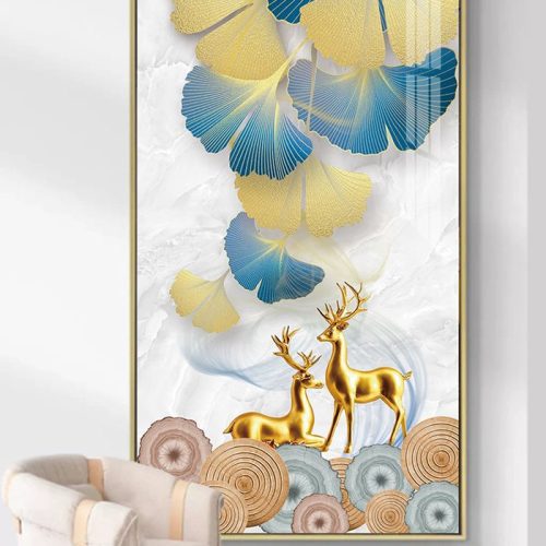 TGH7795 Tranh cặp hươu vàng và những chiếc lá