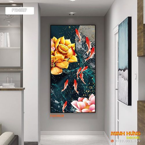 TGH7828 Tranh bông sen và đàn cá đỏ đẹp
