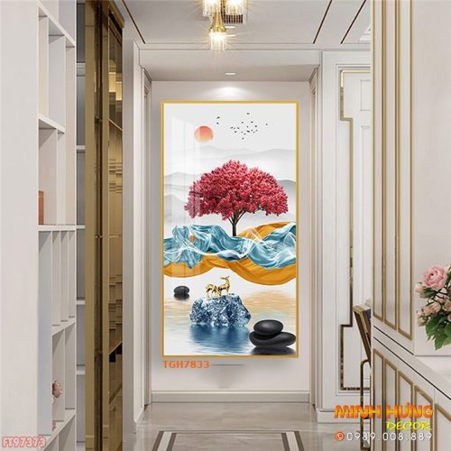 TGH7833 Tranh cặp hươu vàng và cây lá đỏ