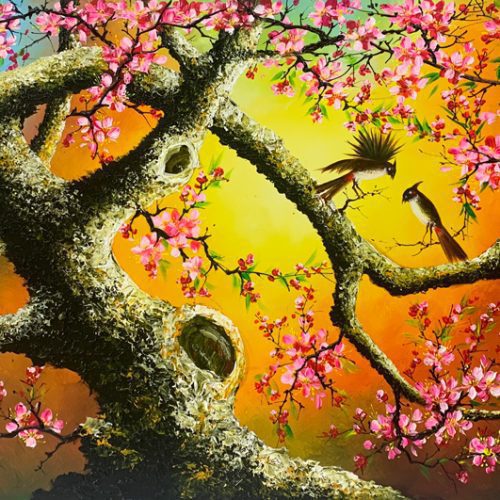 Tranh phong cảnh chim và hoa đào TSD011