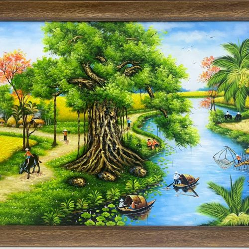 Tranh phonh cảnh đồng quê con trâu cây đa