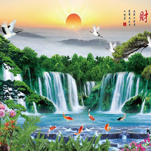 Tranh dán tường tùng hạc buoi bình minh 077TTN