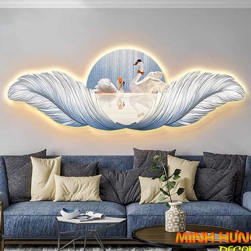 Tranh đen led đôi thiên nga lông vũ 120x40