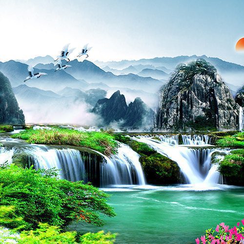 Tranh dán tường phong cảnh sơn thủy bình minh