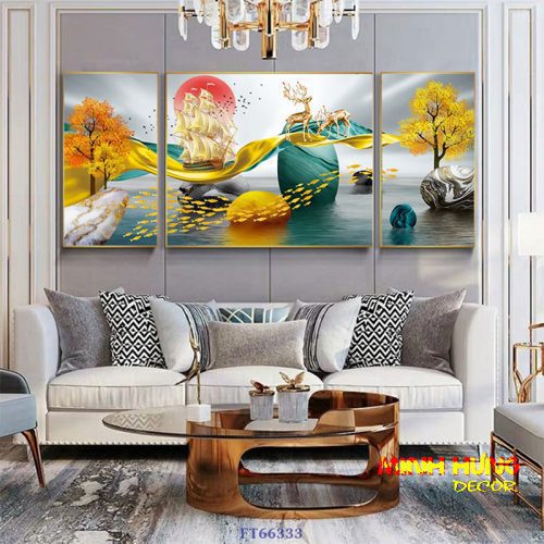 Tranh tráng gương huơu trên dải băng vàng FT66333