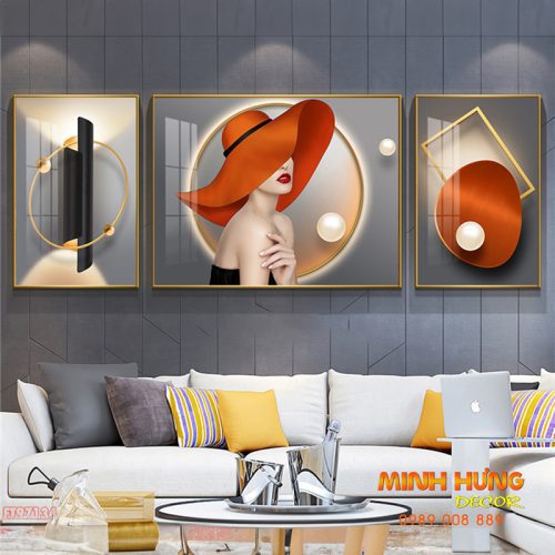 Tranh tráng gương bộ 3 tấm cô gái TGH7935