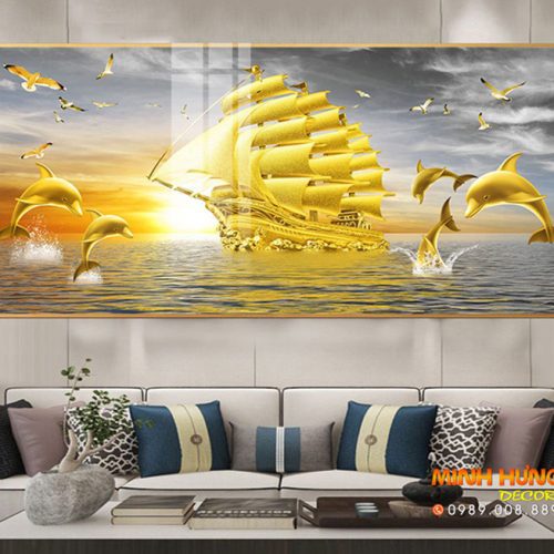 Tranh mừng tân gia thuyền buồm và cá heo TTG001
