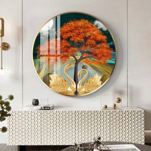 Tranh tráng gương tròn với đôi thiên nga