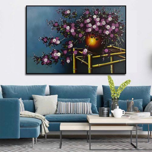Tranh sơn dầu bình hoa cúc trên bàn tre TSD057