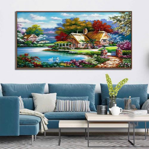 Tranh sơn dầu ngôi nhà bên hồ yên bình TSD023