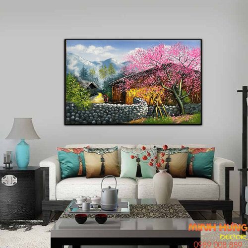 Tranh sơn dầu xuân về trên bản nhỏ TSD031