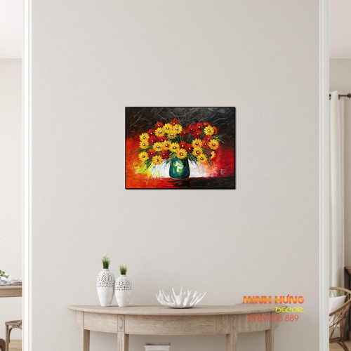 Tranh sơn dầu bình hoa cúc đỏ rực TSD090