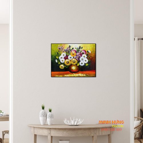 Tranh sơn dầu bình hoa cúc sắc màu TSD095