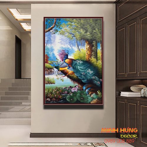 Tranh sơn dầu đôi chim công bên gốc tùng TSD107