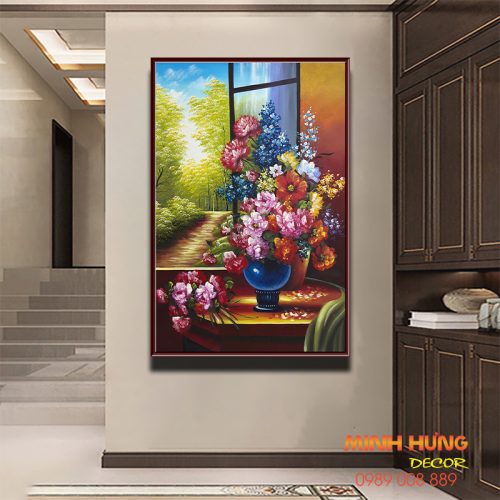 Tranh hoa mẫu đơn bên khung cửa sổ TSD108