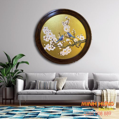 Tranh sơn dầu 2 chú chim trên cành hoa TSD123