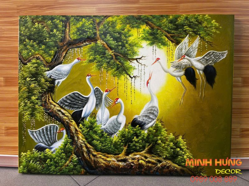 Tranh sơn dầu tùng hạc dưới ánh trăng TSD133