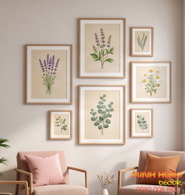 Bộ tranh spa đẹp chủ đề thảo mộc lavender và bạch đàn giúp không gian phòng chờ sang trọng