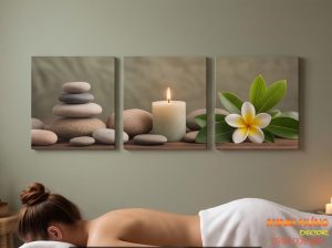 Mẫu tranh spa đẹp bộ 3 bức hoa sứ nến thơm và sỏi đá phong cách thư giãn